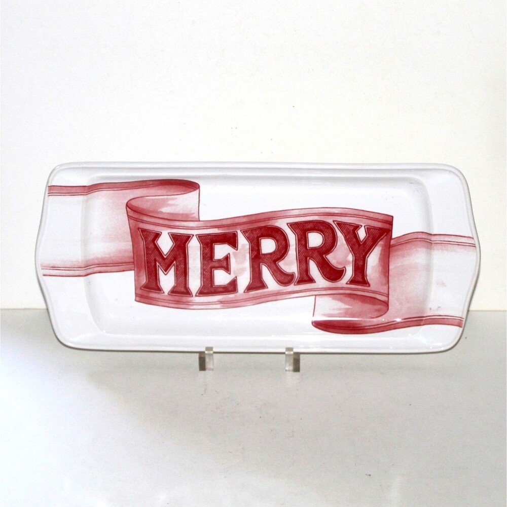 Food Network Merry Christmas Serving Tray Fontina Holiday stoneware white red